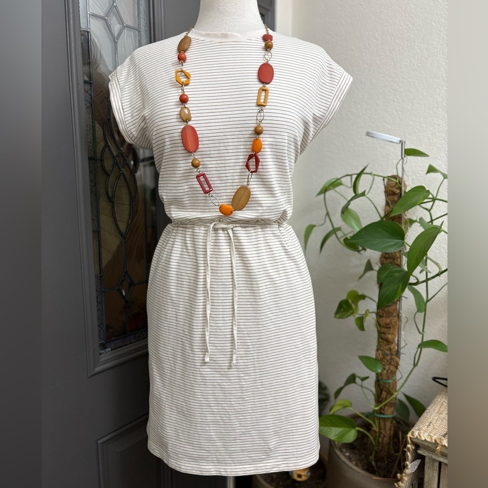 A New Day Cream Tan Striped Short Sleeve Extended Shoulder A-Line Dress Size L - Picture 2 of 8